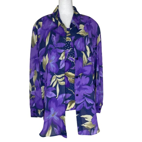 Vtg Susan Graver Style Women's Purple Gold 2pc Tank & Button Down Blouse Plus 3X - Picture 1 of 11